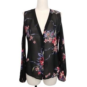 REFORMATION Cold Shoulder Sheer Floral Button Front Deep V Blouse Top Size XS